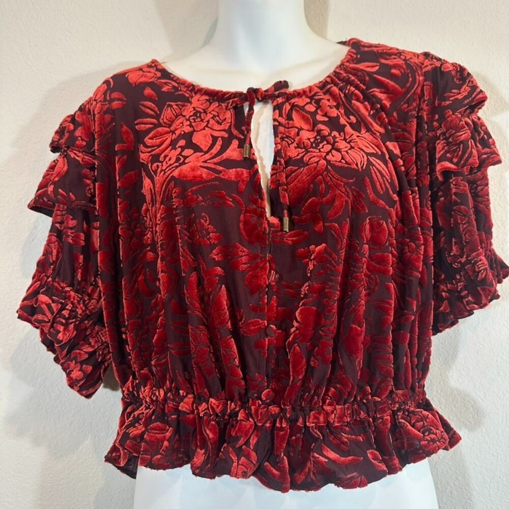 Free People Red Velvet Peasant Top Sz M Boho Whimsigoth Blouse Puff Sleeve Indie - Picture 2 of 9